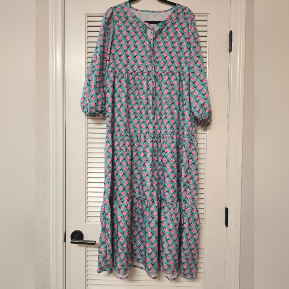 Floral Rose Long-Sleeve Maxi Lightweight Dress